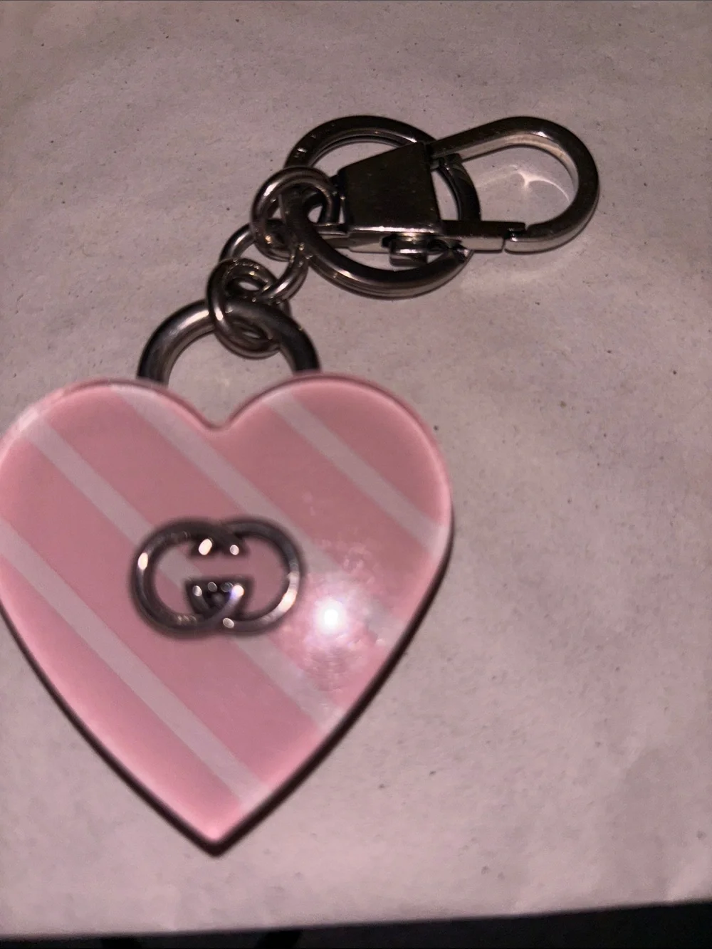 Gucci Pink Striped Heart Keyring with Interlocking GG